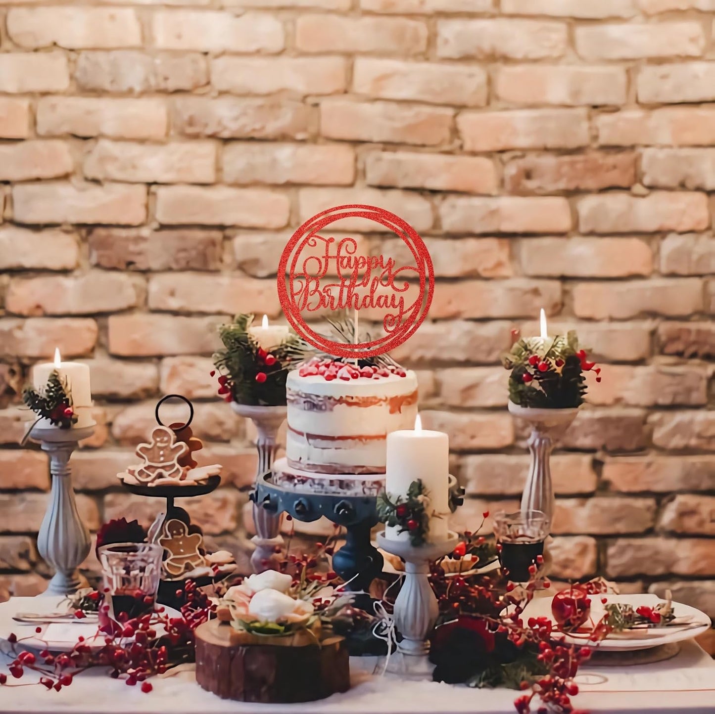 Happy Birthday Cake Topper - Red Glitter Happy Birthday Cake Decoration Supplies for Children or Adults - Happy Birthday Cake Bunting Decor, Photo Booth Props