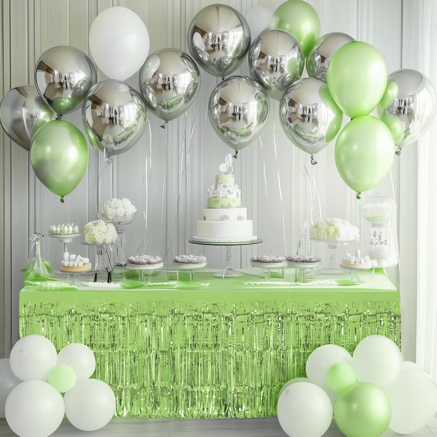 2 Pack Lake Blue Lime Green Table Skirts, 29x108" Metallic Foil Tinsel Fringe Table Skirt for Rectangle Tables Streamer Curtains Backdrop, Party Decorations for Birthdays, Weddings, Holidays