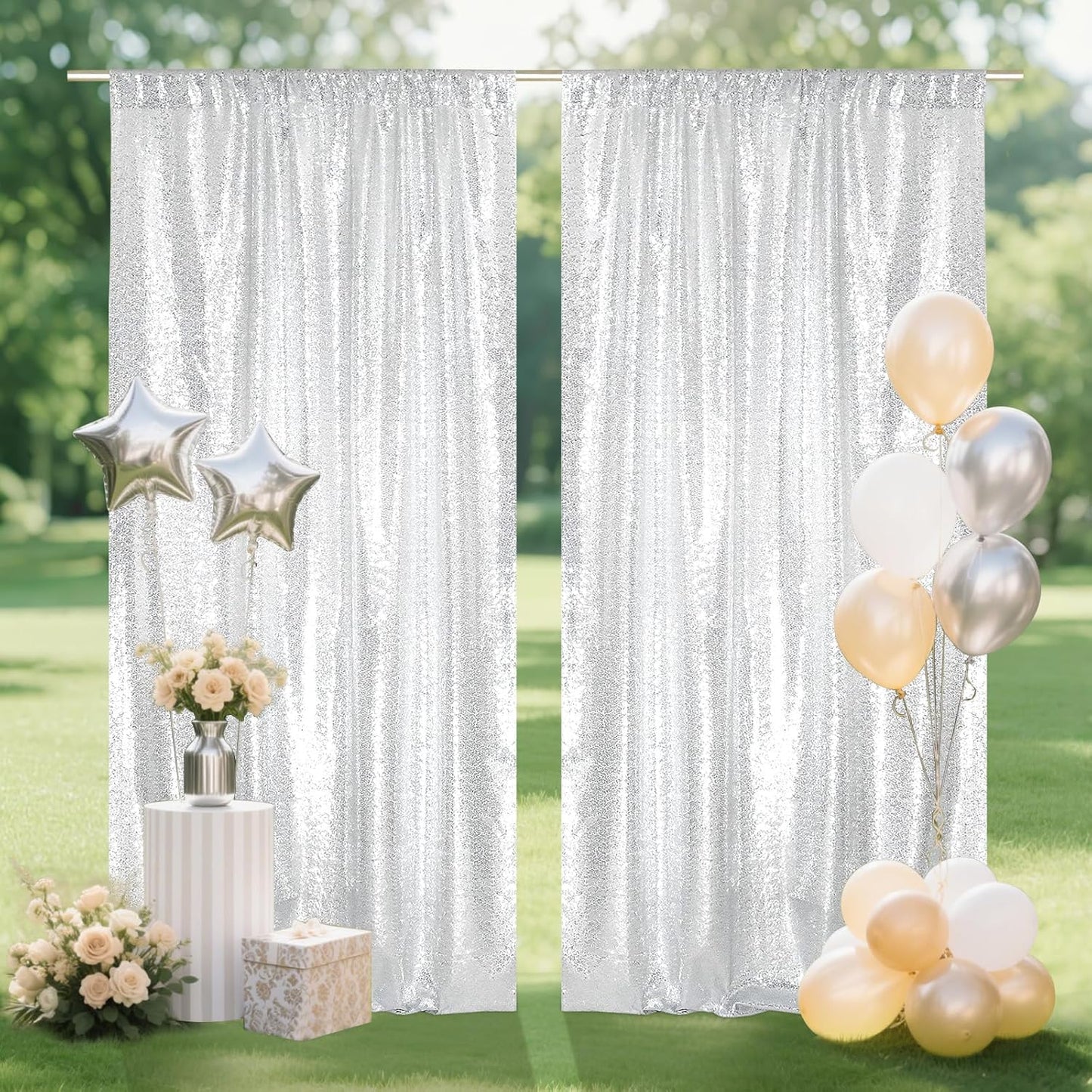SquarePie Sequin Backdrop Curtain 8FT x 10FT Silver Satin Backing Fabric Photography Background for Wedding Patry 4FT x 10FT 2 Panels