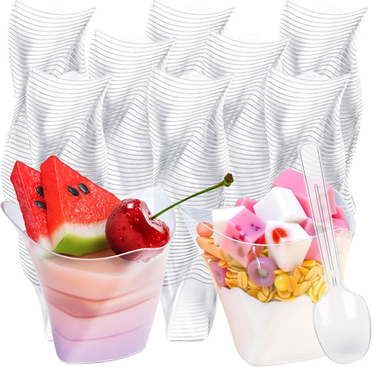 Honeydak 150 Pcs Plastic Dessert Cups without Lids 4.5 oz with Spoons Mini Clear Disposable Trifle Mousse Dessert Cups Triangular Parfait Appetizers Tumbler Pudding Fruit Serve for Party