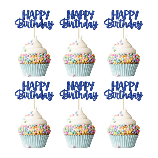 Gyufise 24 Pcs Happy Birthday Cupcake Toppers Glitter Cupcake Food Picks for Celebrating Theme Party Cake Decorations Supplies Deep Blue