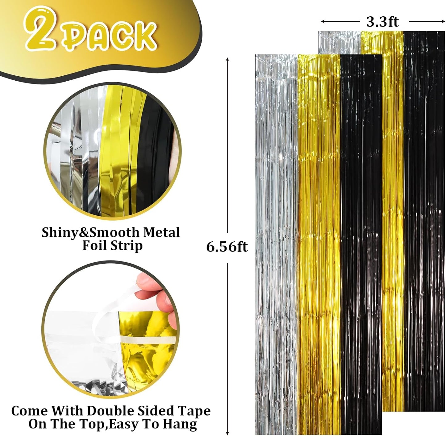 2 Pack Black Gold Silver Foil Fringe Backdrop Curtains, Tinsel Streamers Party Decorations, Fringe Backdrop, Door Shimmer for New Years or Birthday Party