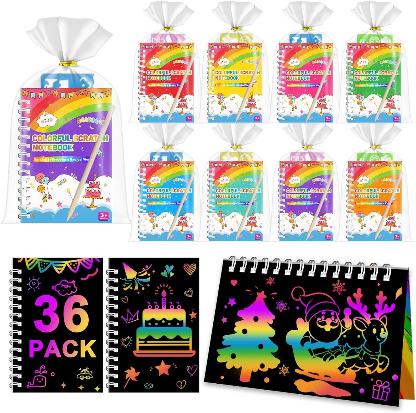 Party Favors for Kids: 36 Pack Scratch Art Notebooks with Rainbow Colors, 2-in-1 Coloring & Scratch Books, Bulk Birthday Gifts, Goodie Bags, Classroom Prizes for Boys & Girls