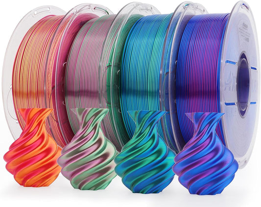 AMOLEN Silk PLA 3D Printer Filament Bundle, Shiny Dual Color PLA Filament 1.75mm Pack, Multi Color Change PLA 3D Printing Filament for Most FDM 3D Printer, 1KG X 4 Spools