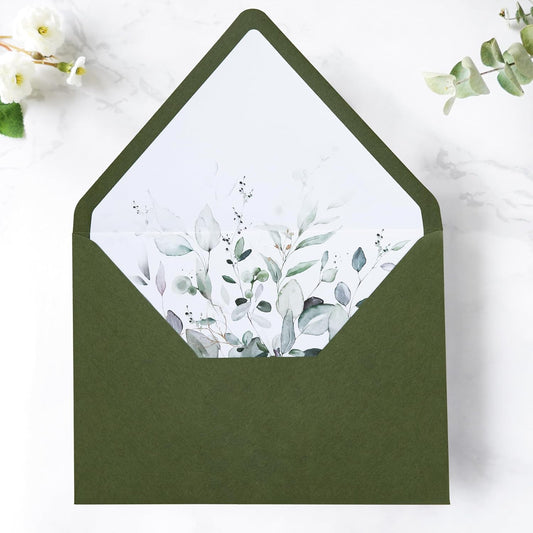 PONATIA 50PCS A7 Euro Flap Envelope, 5.25 x 7.25'' Olive Green Flowers Liner Envelopes for Wedding Invitations, Photos, Postcards, Greeting Cards, Christmas Gift, Acrylic Mailing, 5 x 7 Envelopes