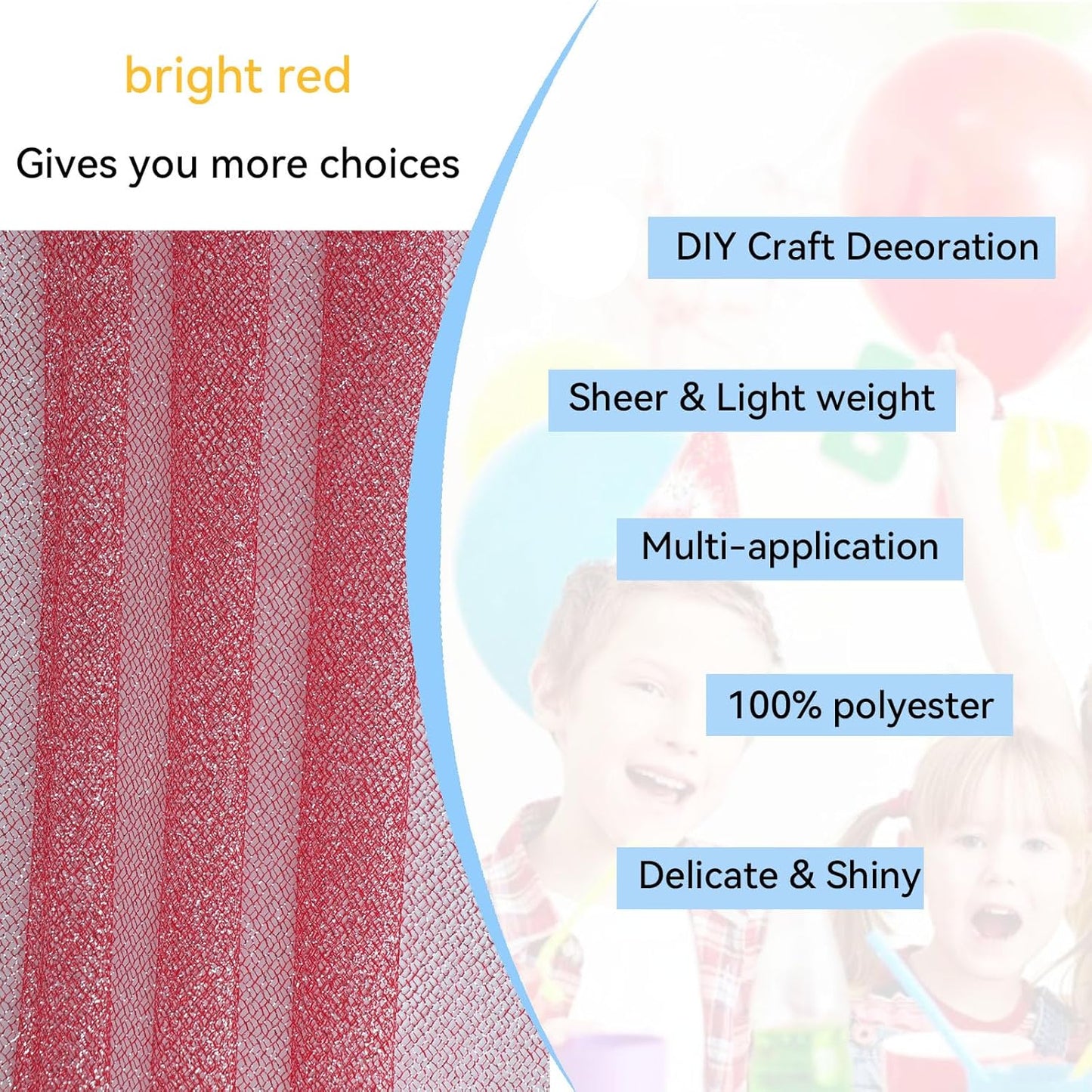 Glitter Tulle Fabric 56 Inch by 5.5 Yards Fabric Tulle Bolt for Wedding Christmas Decorations DIY White Tutu Baby Shower Table Skirt Ceiling Decor Birthday Party Craft Supplies-Red
