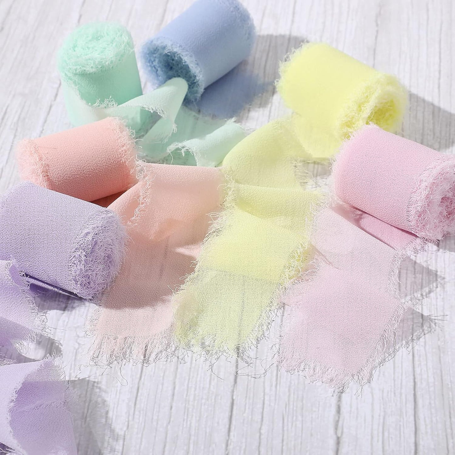 6 Rolls Handmade Fringe Chiffon Silk Ribbon 1.5" x 3 Yd Colorful Ribbon for Wedding Invitations, Bridal Bouquets, Gifts Wrapping, DIY Crafts (Macarons Color Set)