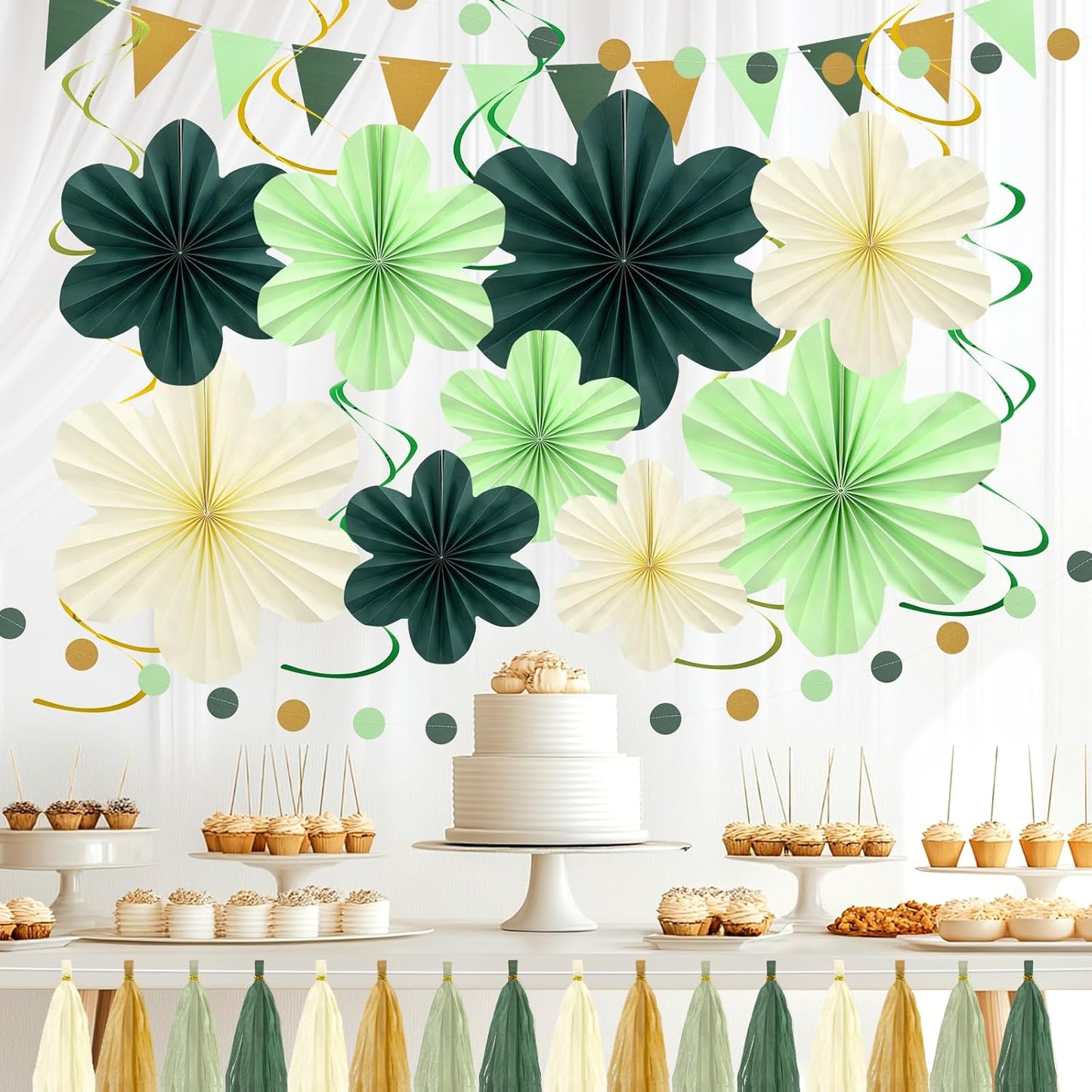 Sage Green Birthday Decoration, Plant Birthday Decorations with Hanging Paper Flowers, Tassel Garland and Swirls, Sage Green Party Decoration for Women Girls, Classroom Party Decor