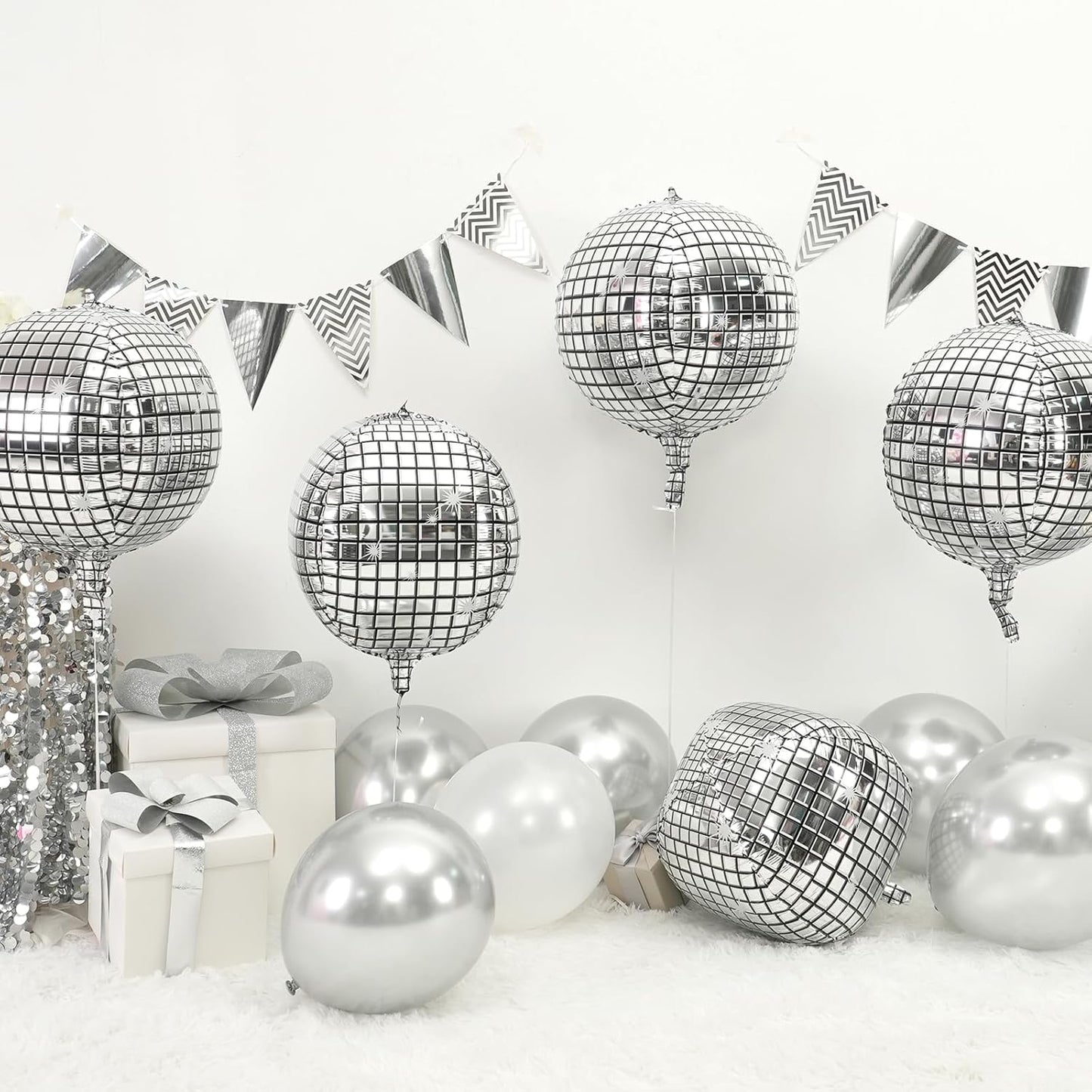 Disco Ball Balloons 4PC,Foil Disco Balloons 22 Inch 4D Round Metallic Silver Balloon for 70s 80s Birthday Bachelorette Graduation Decorations