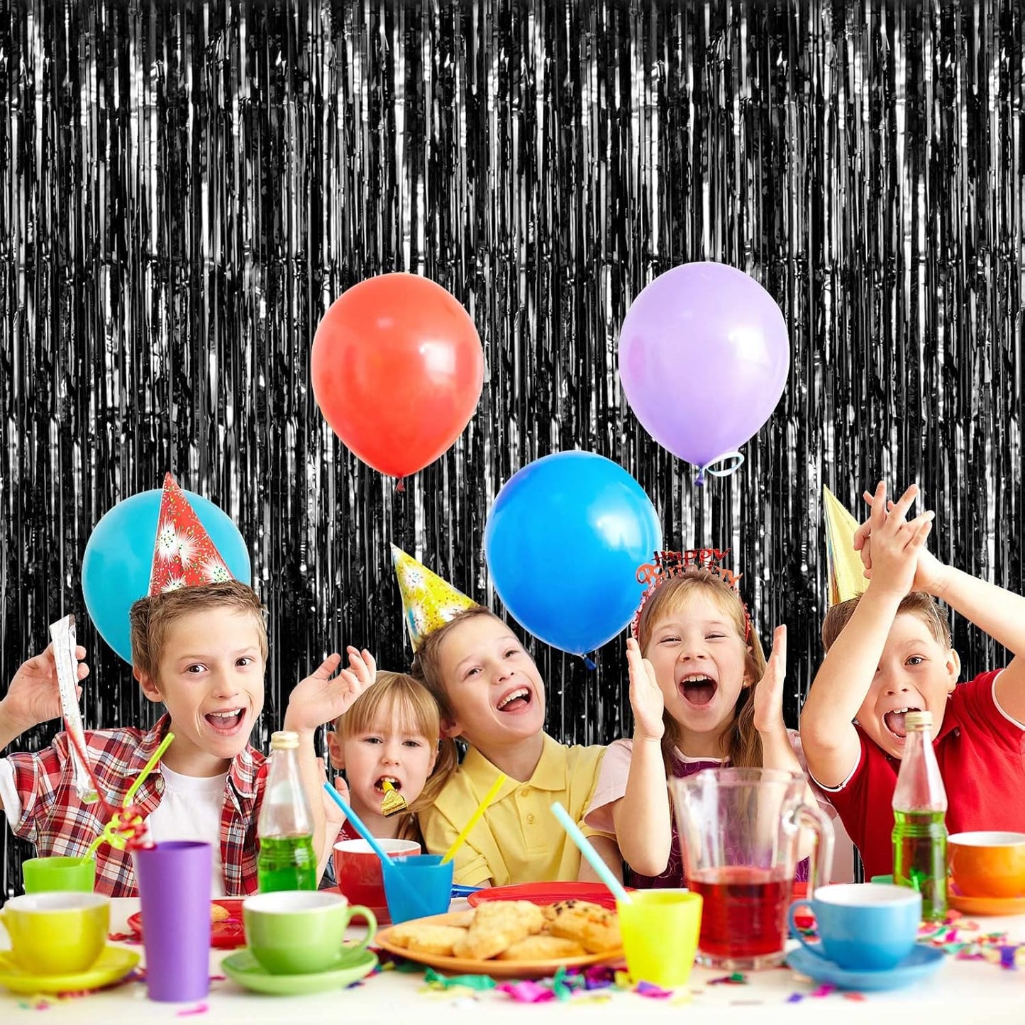 2 Pack Black Fringe Curtains Foil Shiny Fringe Backdrop Tinsel Door Streamers Foil Curtains for Birthday Wedding Engagement Bridal Shower Celebration Party Decorations Large