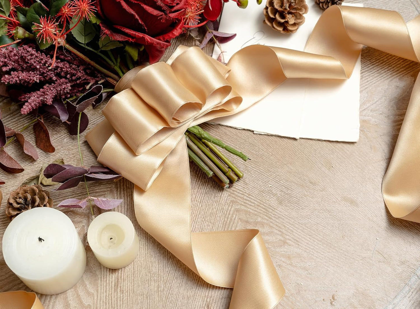 Champagne Gold Satin Ribbon Double-Faced Wired Ribbons for Gift Wrapping Flower Bouquet Bows Wedding Invitation Christmas Decor Crafts 2-1/2 Inch 10 Yards
