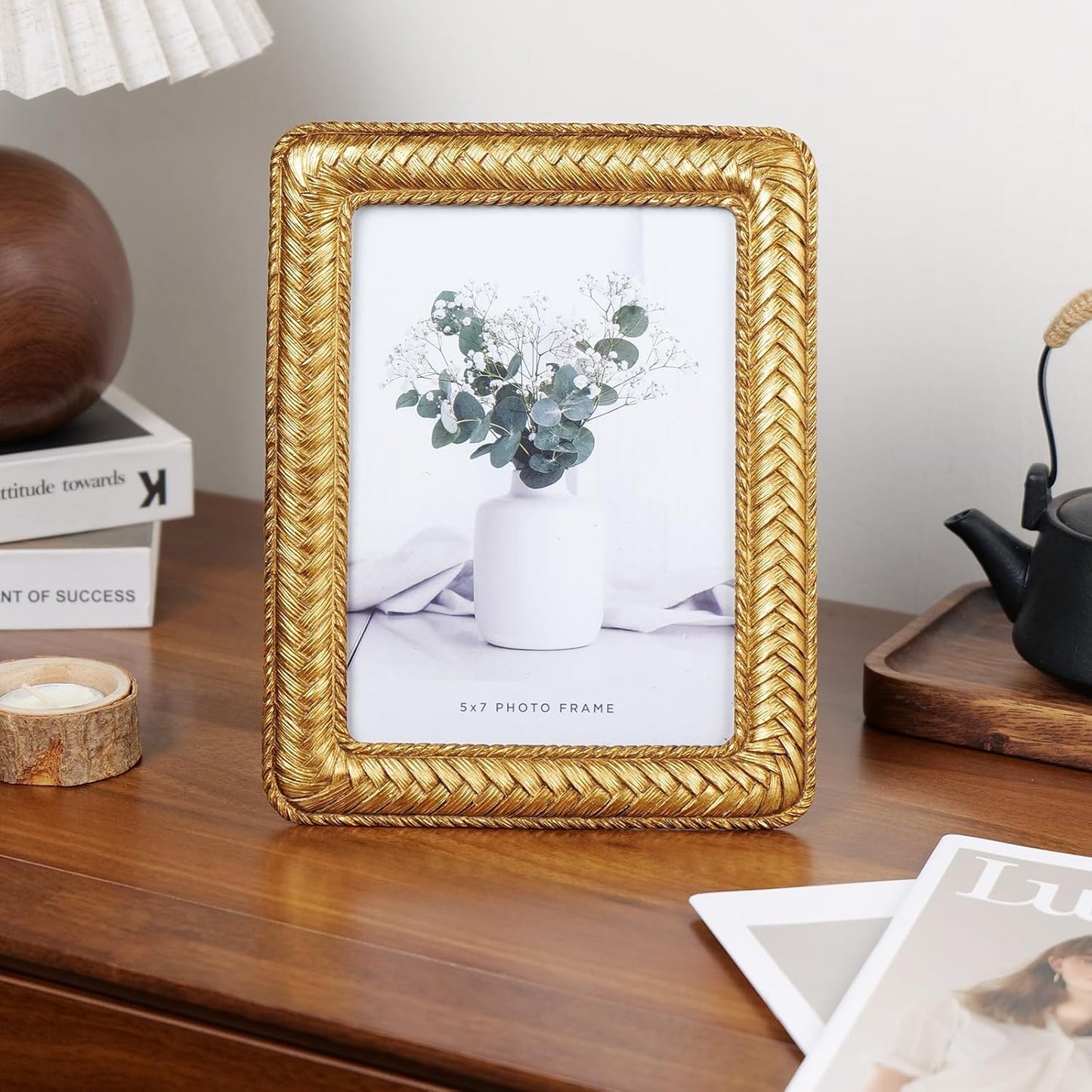 Cuspin 5x7 Gold Picture Frame, Ornate Decorative Rattan Resin Photo Frame, Gold Frames Braided Design for Tabletop Display or Wall Hanging, Elegant Home Decor