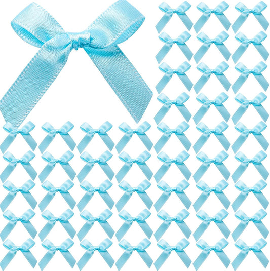 YGDZ 50 PCS Mini Blue Bows, Light Blue Satin Ribbon Bows, Small Bows for Crafts, Tiny Bow for Baby Shower, Party Decorations, Balloon, Gift Box Packaging