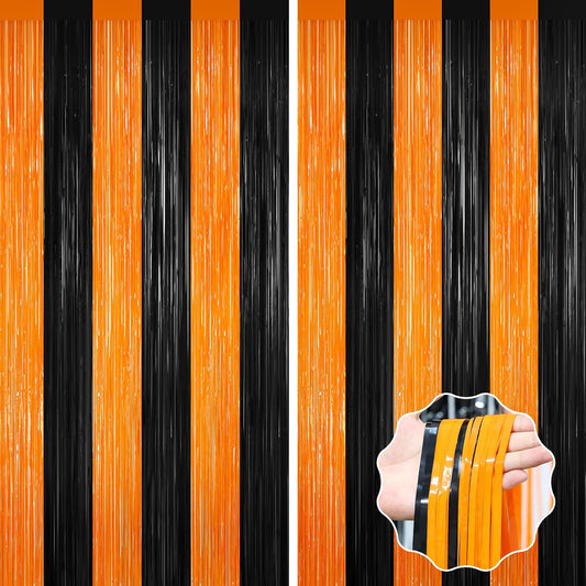 Halloween Photo Backdrop, 2 Pack Orange and Black Party Streamer, Metallic Foil Fringe Curtains Tinsel Backdrop, Halloween Birthday Party Decorations Hanging Decor Indoor, Photo Booth Props Streamers