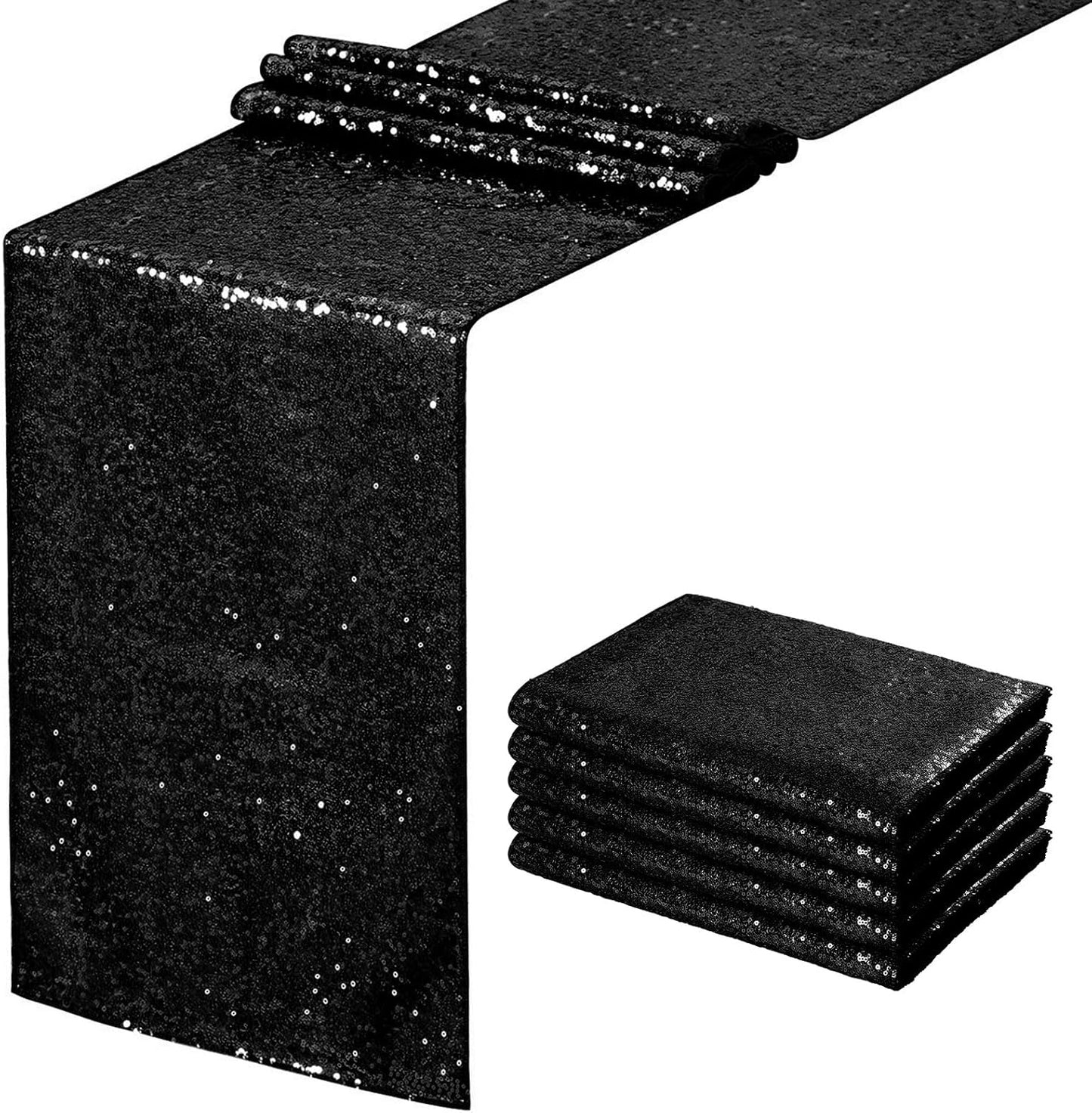 Sequin Table Runners 5 Pieces Black Table Runners 12x72 Inch Glitter Dining Table Cover for Party Wedding Birthday Reception Banquet Decoration Spring Party Chair Sashes