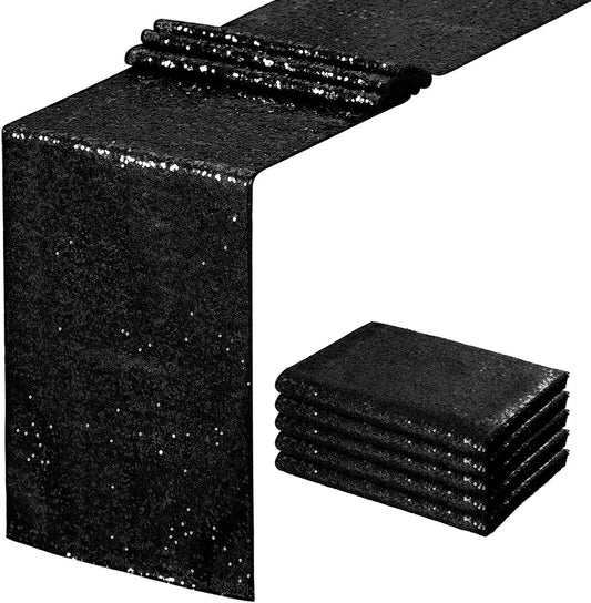 Sequin Table Runners 5 Pieces Black Table Runners 12x72 Inch Glitter Dining Table Cover for Party Wedding Birthday Reception Banquet Decoration Spring Party Chair Sashes