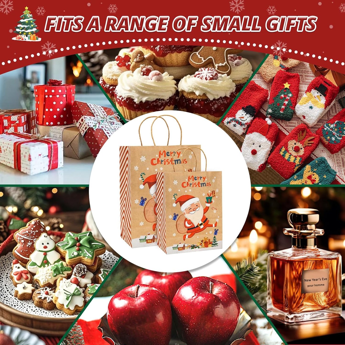 LYLIN 10Pcs Kraft Christmas Gift Bags, Christmas Tote Bags with Handles for Holiday, Reusable Xmas Treat Bags for Wrapping Gifts, Party Favors and Holiday Decor (5 Medium, 5 Small)