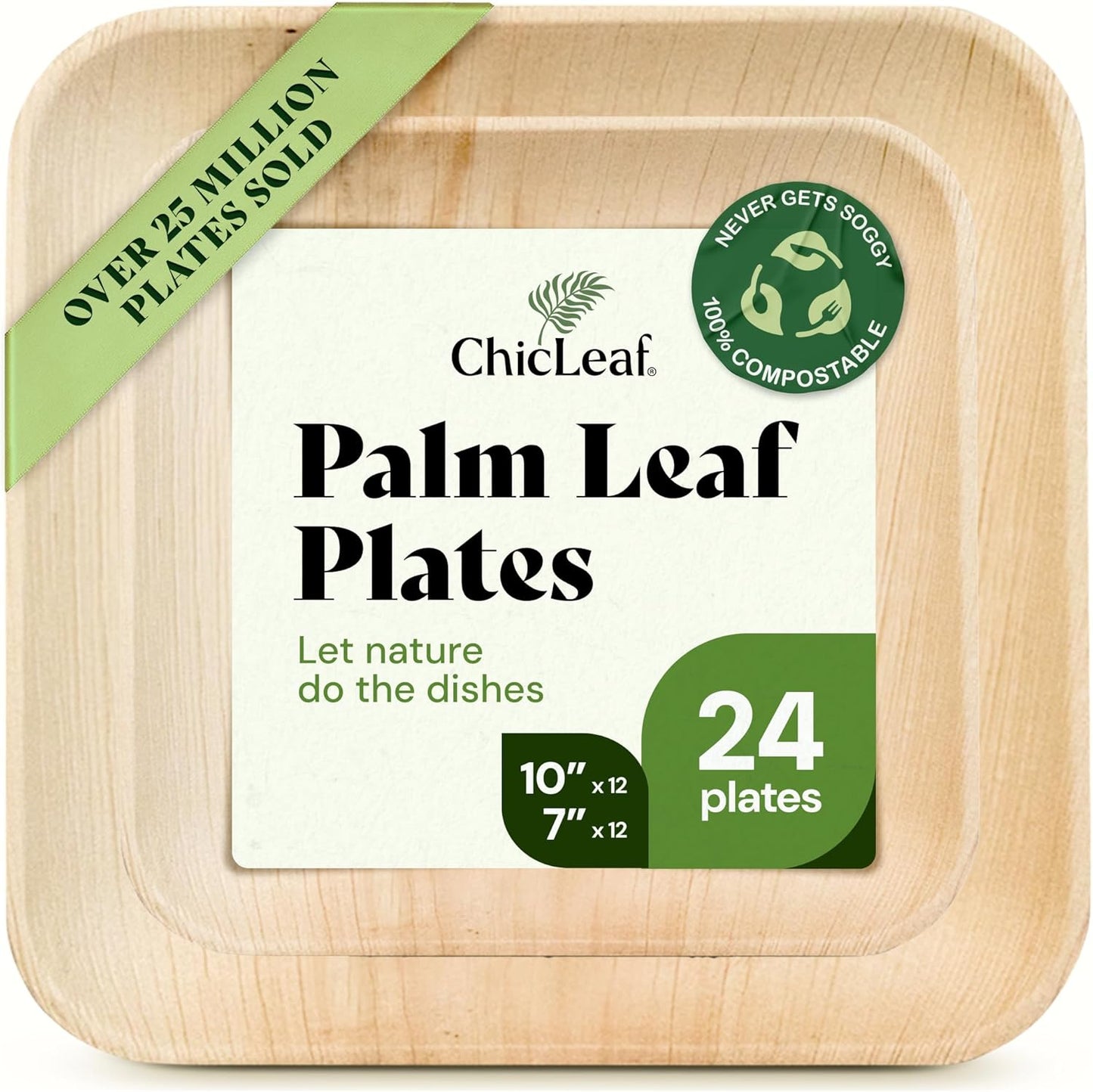 Chic Leaf Square Palm Leaf Tableware - 10" & 7", Pack of 24 - Durable Bamboo Disposable Dinnerware - Eco-Friendly Compostable Plates - Versatile Party & Appetizer Plates