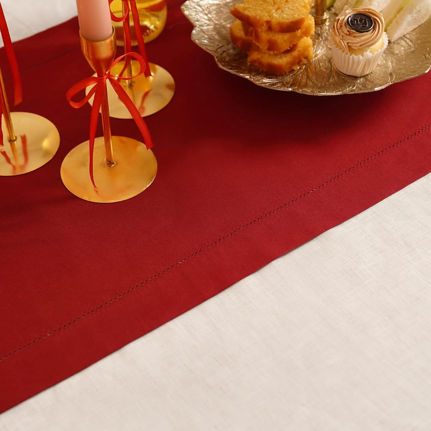 Red Table Runner 90 Inch – Cotton Linen Hemstitch Farmhouse Table Runner 14x90 –Washable Fabric for Dining, Fall, Halloween, Thanksgiving, Spring, Summer, Wedding, Everyday Décor – Serena