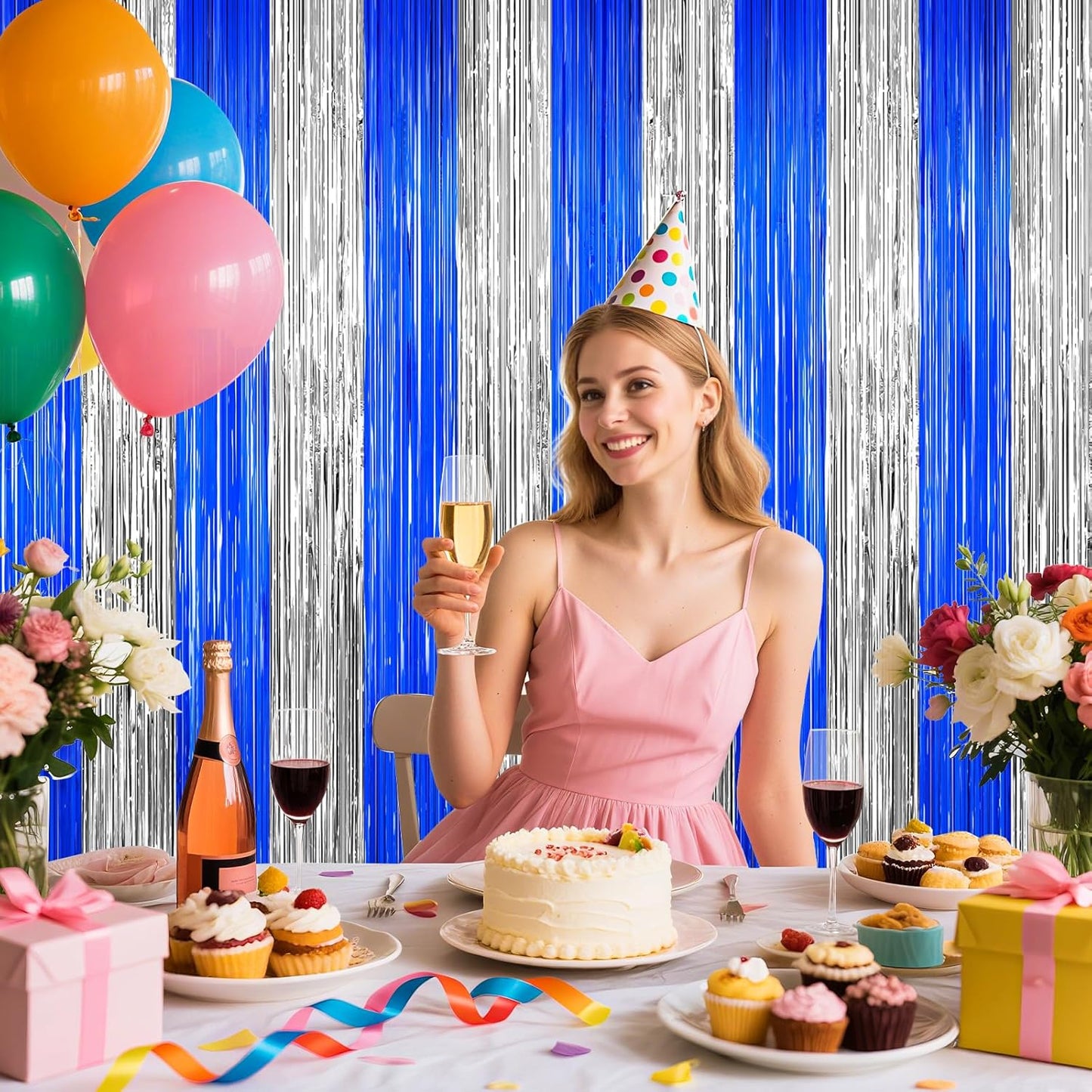 Silver and Blue Tinsel Backdrop Foil Fringe Curtains, 2Pack Birthday Door Decorations Photo Backdrop, Party Streamers Supplies for Bachelorette, Graduation, Christmas, Disco Decor New Year Decorations