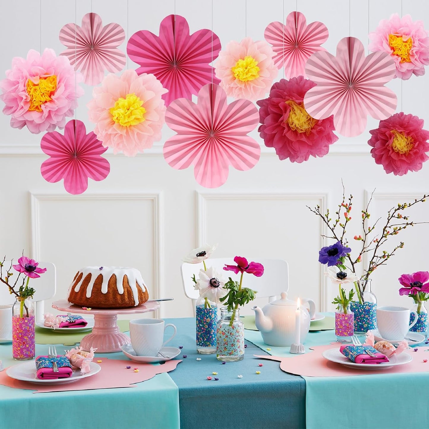 BestoFun 12PCS Paper Flowers Fans Hot Pink Party Decorations Tissue Paper Flowers Decorations for Girl Groovy Birthday Baby Shower Wedding Bachelorette Room Wall Hanging Décor