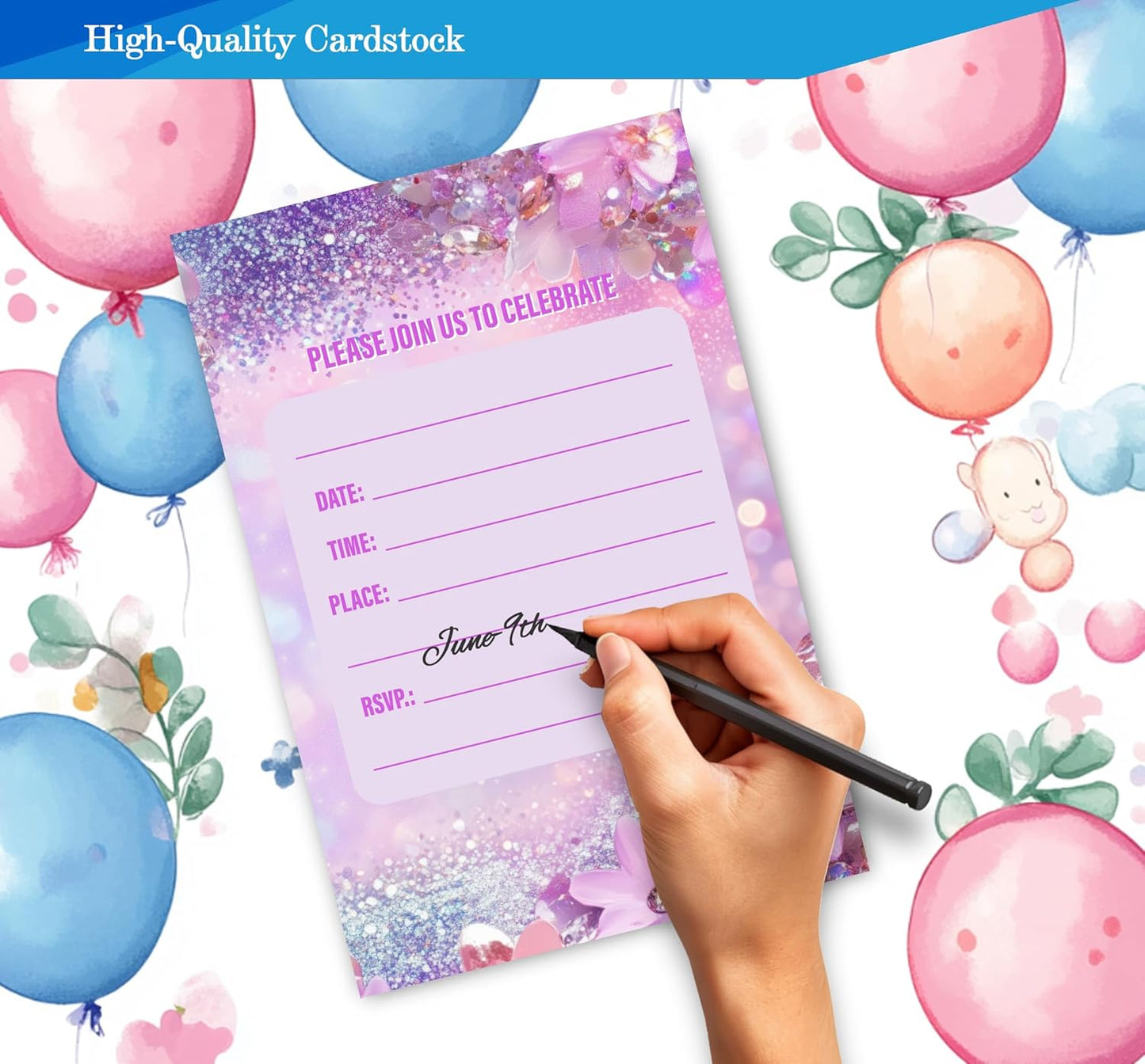 Pink Birthday Invitations for Girls, Modern Sparkle Birthday Party Invitaions for Party Invites, 4x6 Inches, 30 Sets with Envelopes