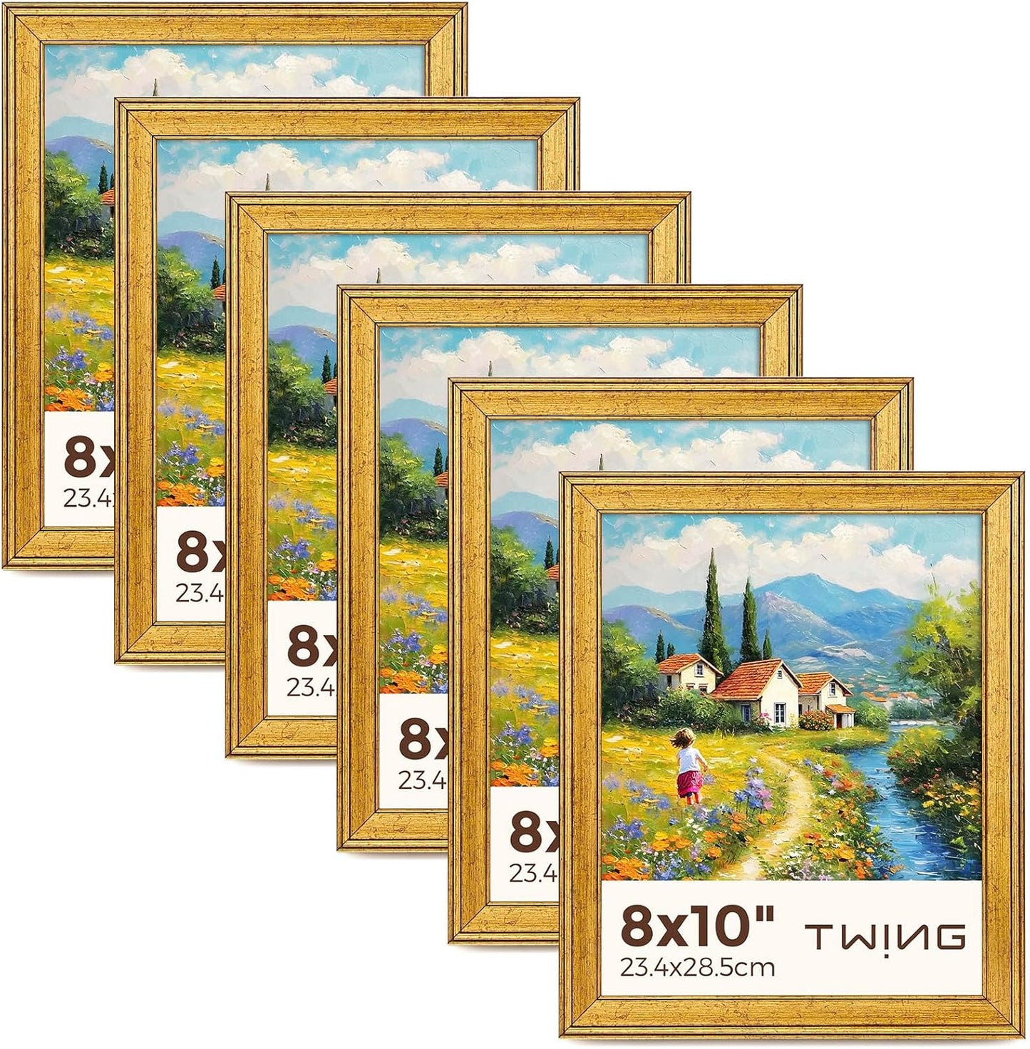 TWING 8x10 Gold Picture Frames Set of 6,Rustic Gold Frames Display Pictures 5x7 with Mat or 8x10 without Mat,Tabletop Display and Wall Mounting Collage Photo Frame Set for Wall Gallery