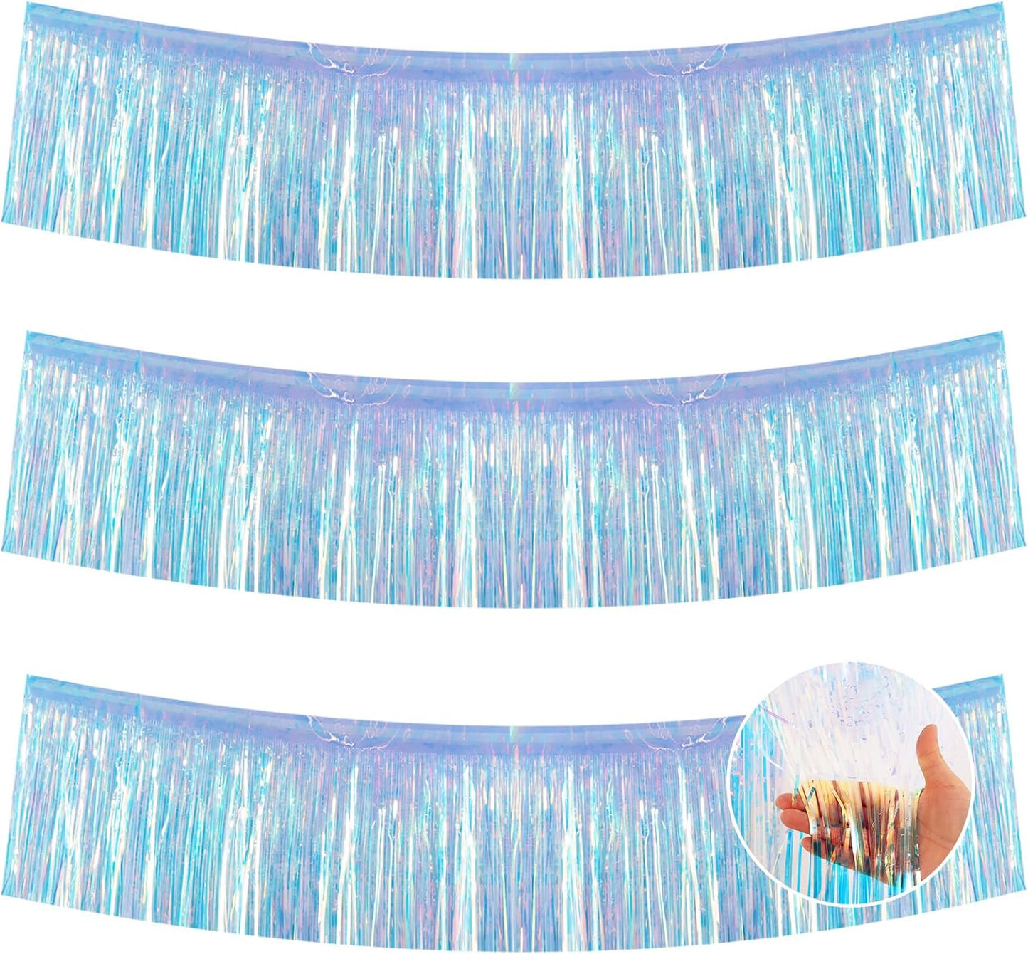 BEISHIDA 3 Packs 30 Feet Metallic Foil Fringe Garland Tinsel Streamers，Iridescent Blue Wall Hanging Tinsel Fringe Banners for Wedding Birthday Party Decoration Halloween Christmas New Year