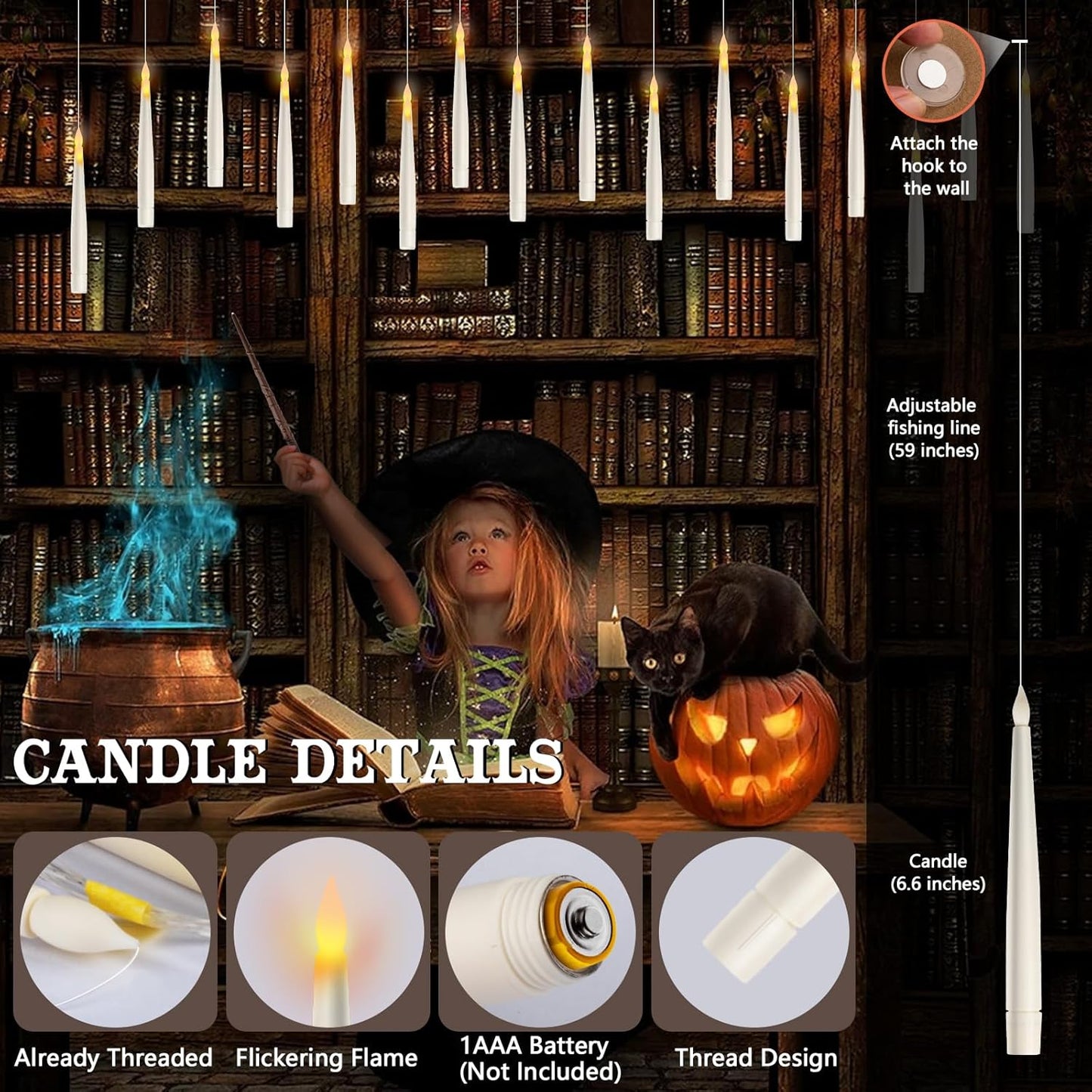Floating Candles with Wand Remote, 20 Pcs Magic Halloween Hanging Candles, Flickering Warmer Light Flameless LED Candles with DIY Sticker, Battery Operated Halloween Decorations Gifts Indoor (18)