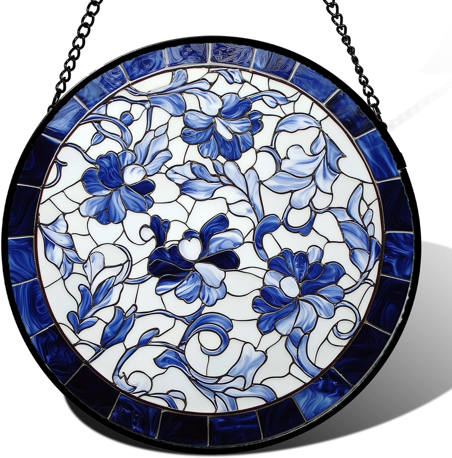 Stained Glass Window Hanging, Blue and White Abstract Flowers Sun Catcher for Door Home Decor Suncatcher Christmas Mother's Day Birthday Gifts for Women Men Mom and Nana 15 in