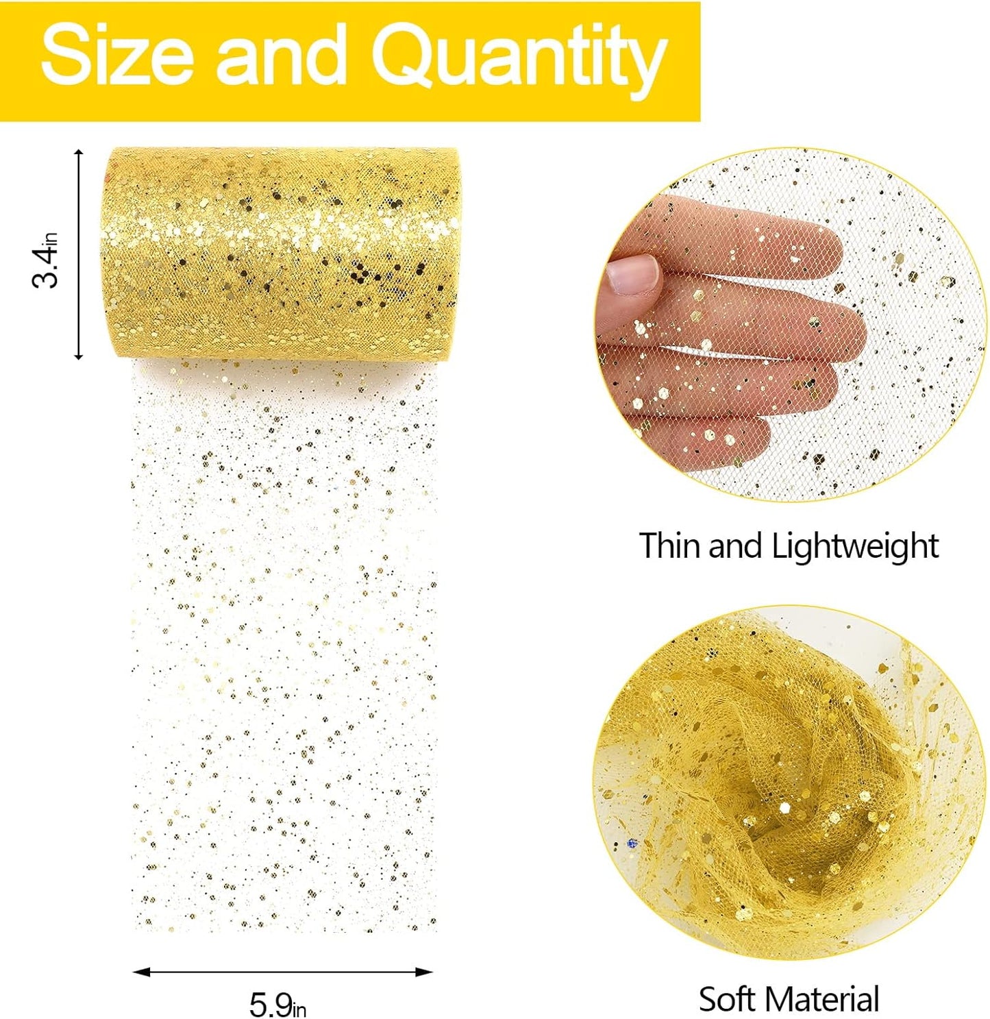 Glitter Tulle Rolls, 6” by 50 Yards (150FT) Sparkling Tulle Spool Ribbon Sequin Tulle Netting Fabric for Tutu Skirt Wedding Birthday Baby Shower (Gold)