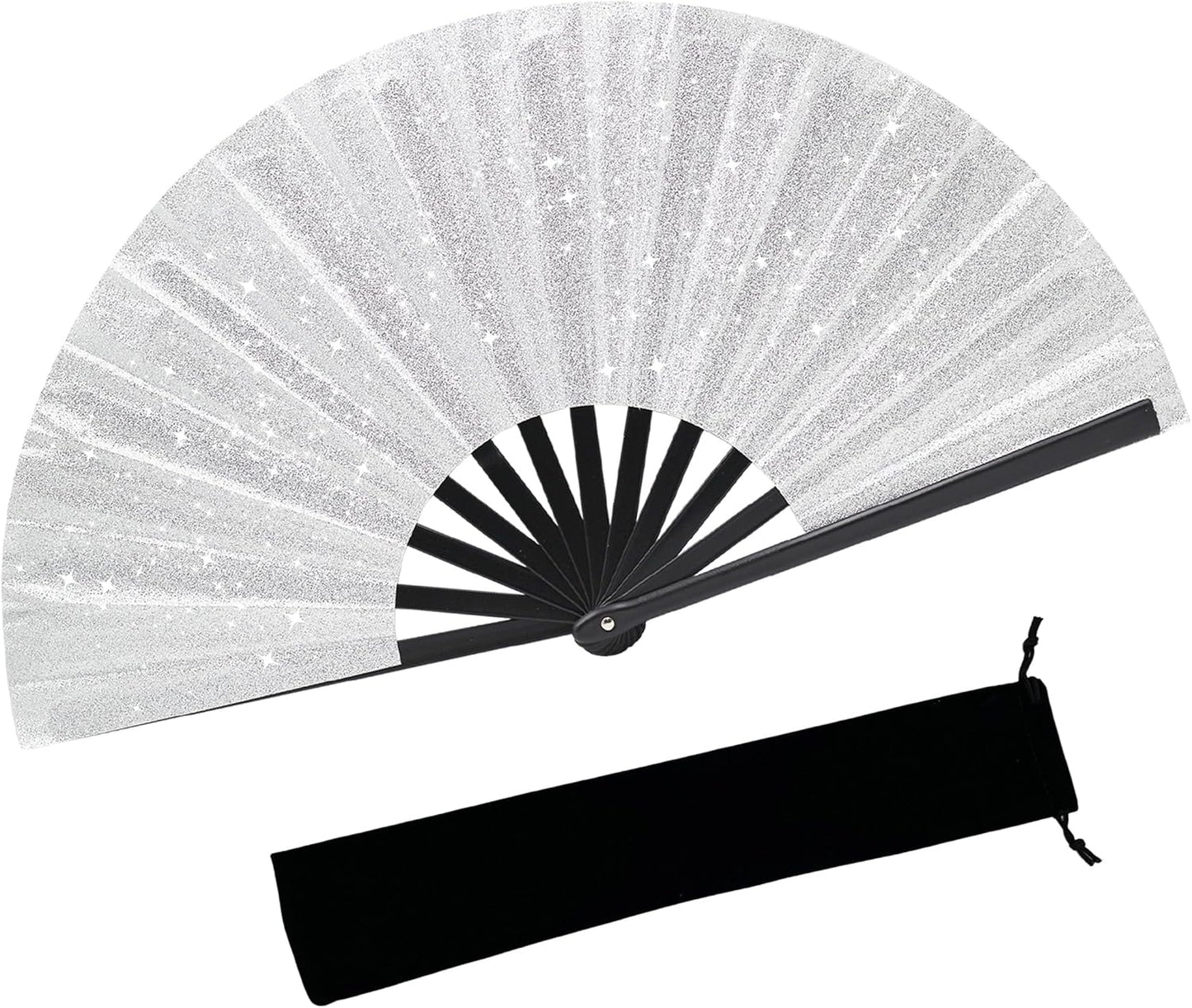 Glitter bling Large Folding Fan-Hand Fan Rave Clack Popping Fan for Line Dancing Clacking Fans for Boots On The Ground Dance, Party for EDM, Music Festival, Hot Flashes, Party, Decoration(1pcs silver)