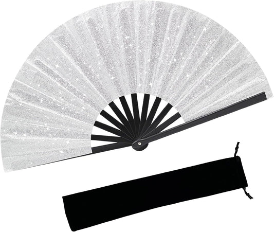 Glitter bling Large Folding Fan-Hand Fan Rave Clack Popping Fan for Line Dancing Clacking Fans for Boots On The Ground Dance, Party for EDM, Music Festival, Hot Flashes, Party, Decoration(1pcs silver)