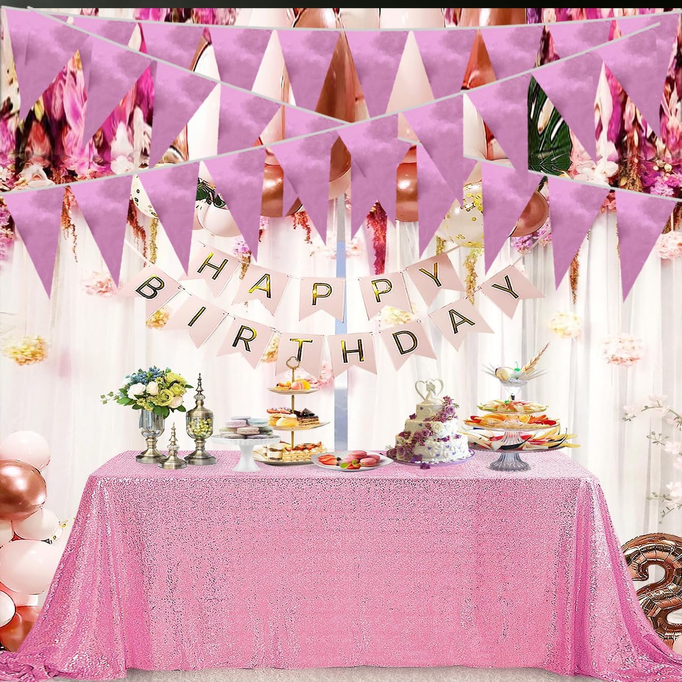 40M/130FT Pink Triangle Pennant Banner Flag Metallic Fabric Bunting Garland for Christmas Graduation Wedding Engagement Anniversary Bachelorette Birthday Bridal Shower Valentines Hen Party Supplies