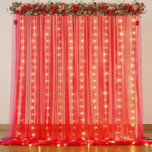 Red Tulle Backdrop Curtain with Lights String for Parites 10x10ft Wrinkle Free Sheer Backdrop Curtains for Birthday Party Bridal Shower Baby Shower Christmas Wall Photo Booth Background Decorations