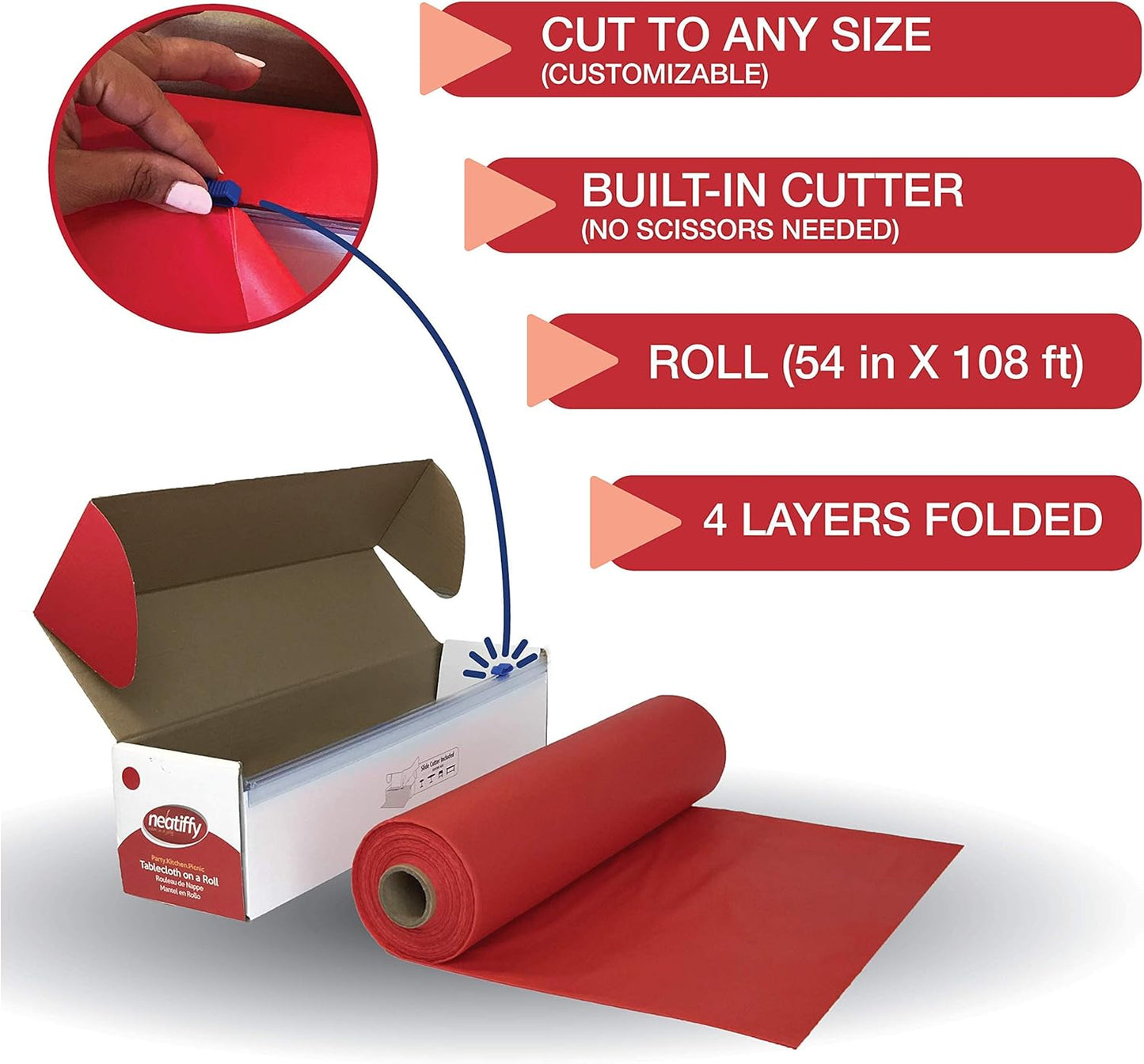 Neatiffy Disposable Plastic Table Cloth Roll | 54 in x 108 Ft Waterproof Tablecloth | Table Cover for Rectangle, Square, Round Oval Tables | Picnic, Party, Banquet, Birthdays, Weddings - Red