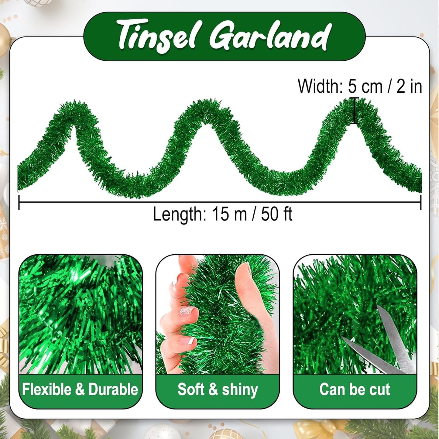 50 Feet Green Christmas Tinsel Garland, Metallic Foil Twist Banner Wall Hanging Tinsel Streamers Backdrop for Parade Floats, Christmas, Mother's Day, Birthday Party Decorations(2in x 50ft)