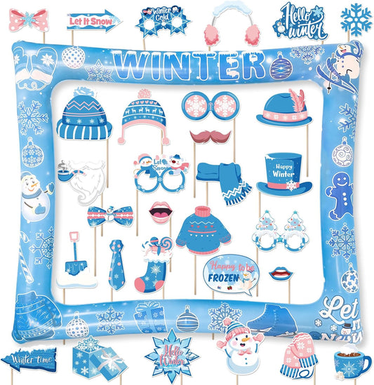 Winter Photo Booth Props Inflatable Frame, 30Pcs Winter Wonderland Photo Props with Inflatable Picture Frame Large for Frozen Holiday Party Selfie Supplies