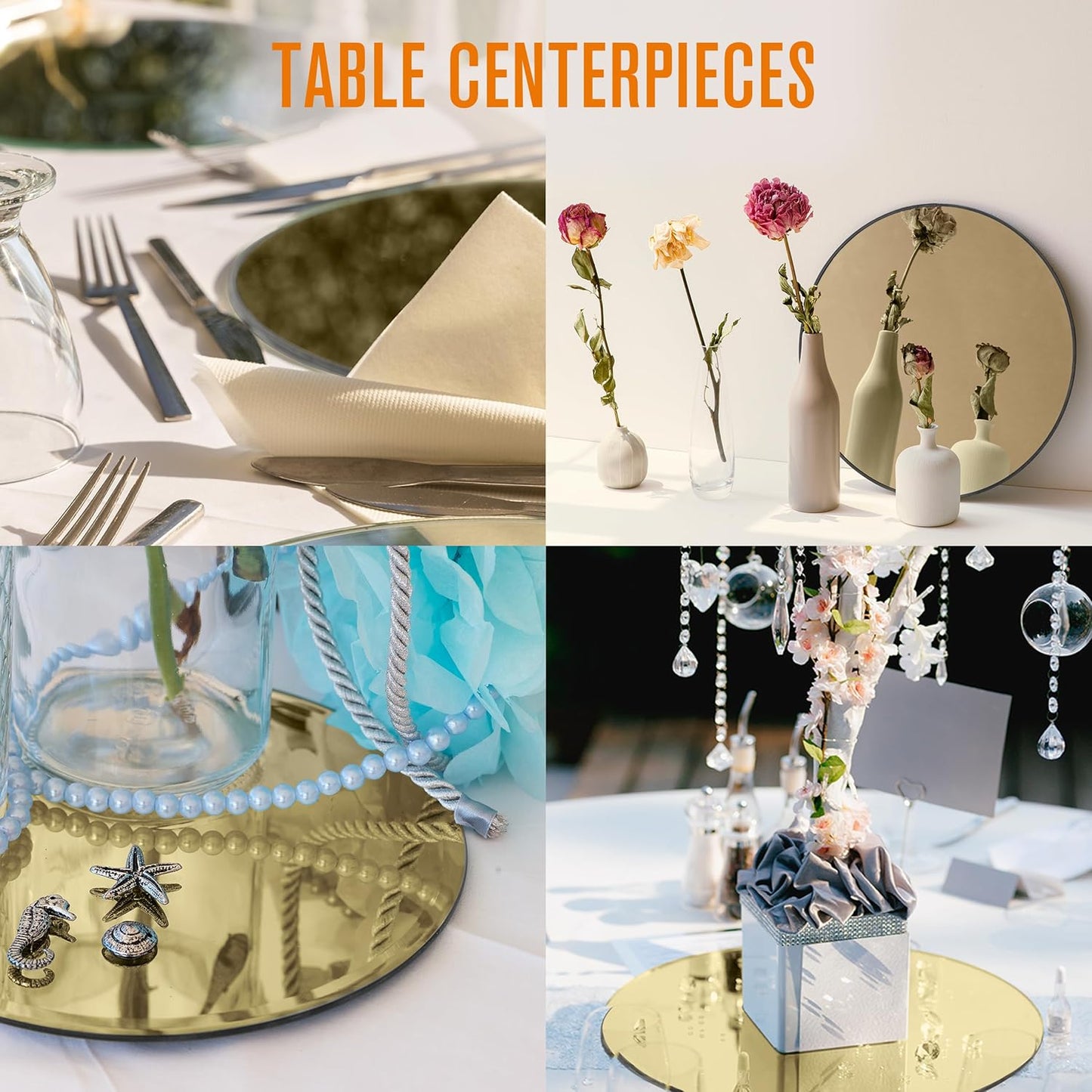 Houseables Gold Mirror Centerpieces For Tables, Round Mirrors For Centerpieces, Mirrored Trays, Round Table Plate Tray, Circle, Glass Charger, Wedding, Center Piece, Small, Base, Candle, 10 Inch, 12PK