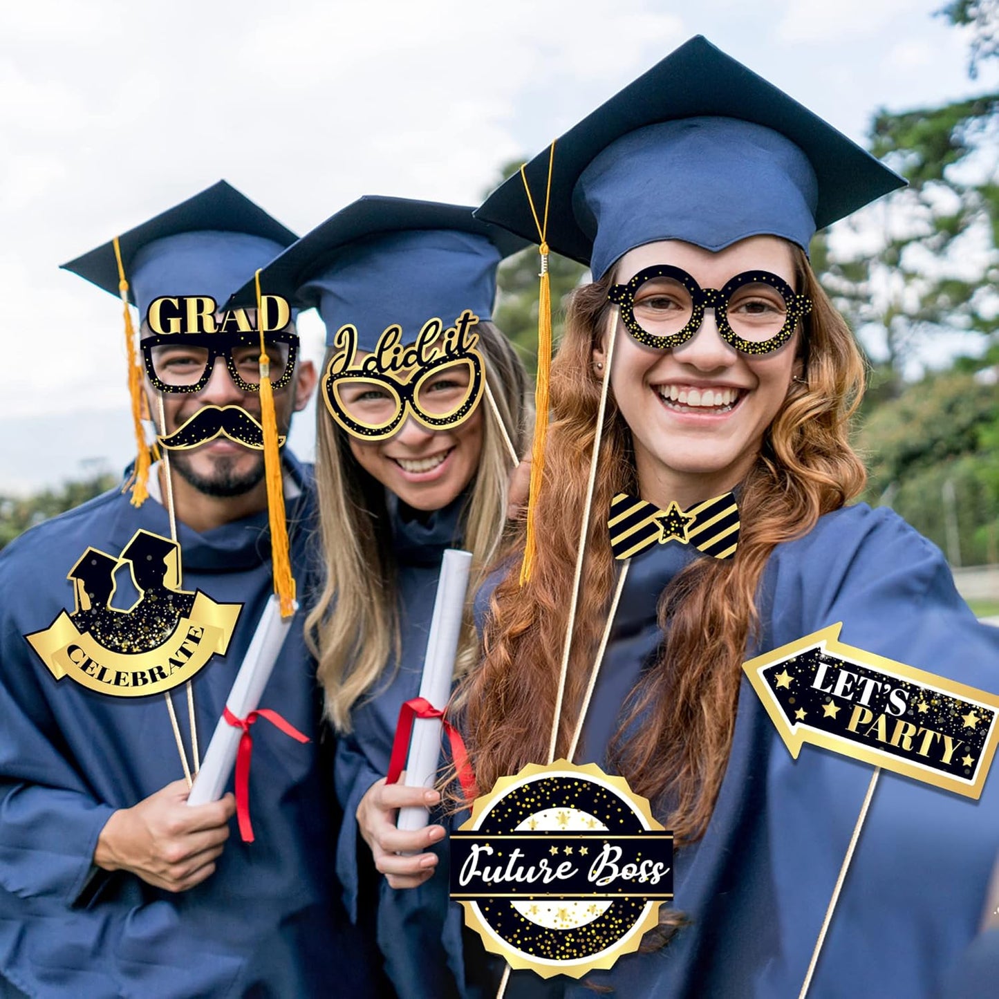 25 Pcs Black and Gold Photo Booth Props, Graduation Theme Decoration Props, Graduation Holiday Party Supplies