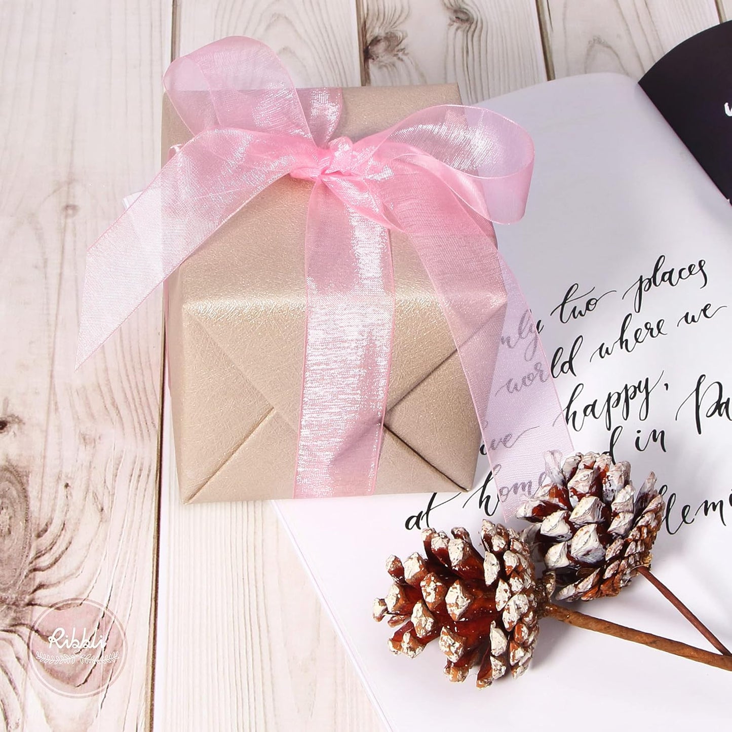 Ribbli Rose Pink Sheer Organza Ribbon,1 Inches x Continuous 50 Yard Use for Gift Wrapping,Bouquet Wrapping,Wedding Decoration,All Crafting and Sewing