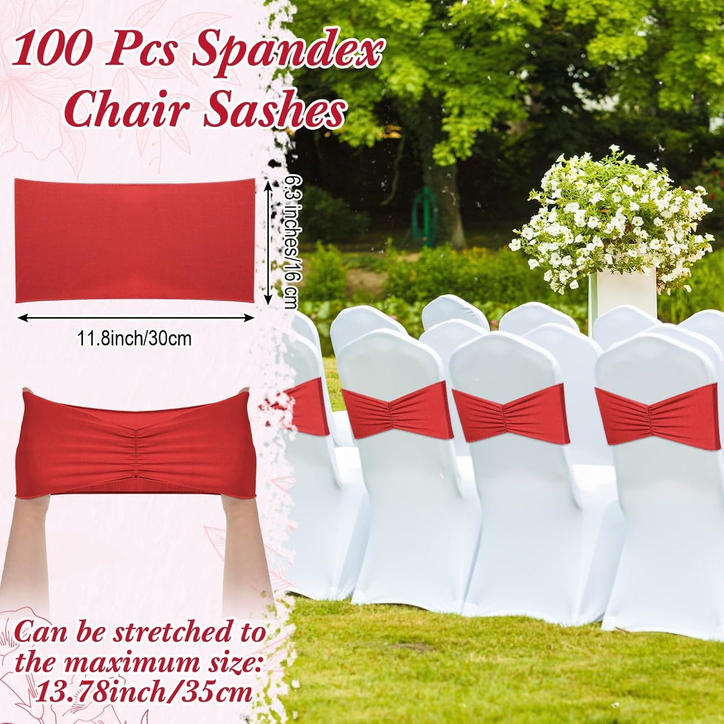 Moukeren 100 Pcs Spandex Chair Sashes Bows Bands Slider Sashes for Chair Covers Elastic Bands Ties Ribbon Decorations for Wedding Party Events Ceremony Birthday Banquet(Red)