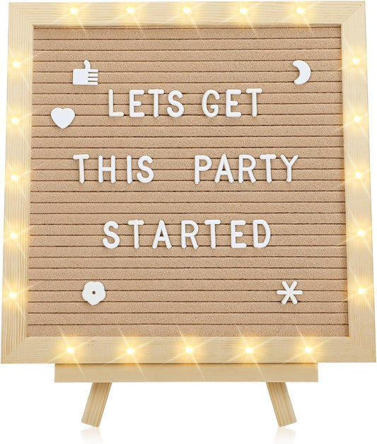 Light up Changeable Felt Letter Board Sign with LED Lights - 10×10" Message Board & Wood Stand & 450 Letters, for Halloween/Birthday/Event/Pregnancy/Baby Announcement/Home Wall Decor Gifts, Camel