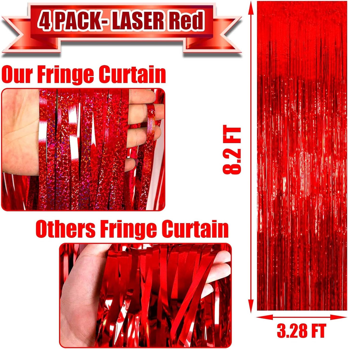 4 Pack Red Tinsel Foil Fringe Curtain Backdrop, 3.28Ft x 8.2Ft Metallic Streamers for Photo Booth Props Wedding Bridal Shower Bachelorette Birthday Halloween Christmas Party Decoration