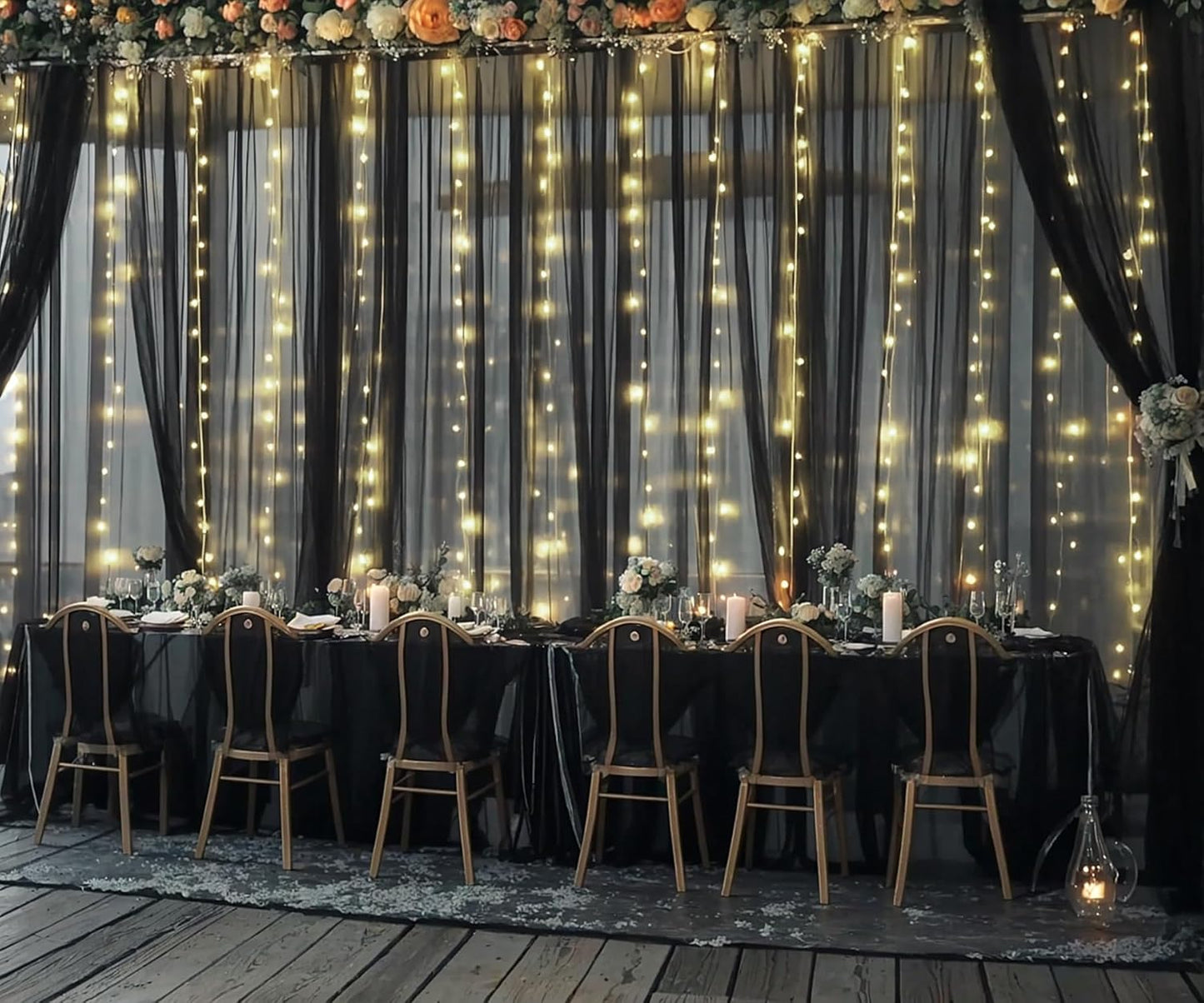 20ft x 10ft Black Tulle Photo Backdrop Curtain with Lights String for Parties Sheer Black Curtain Backdrop for Birthday Party Baby Shower Wedding Photo Booth Photography Background Decorations