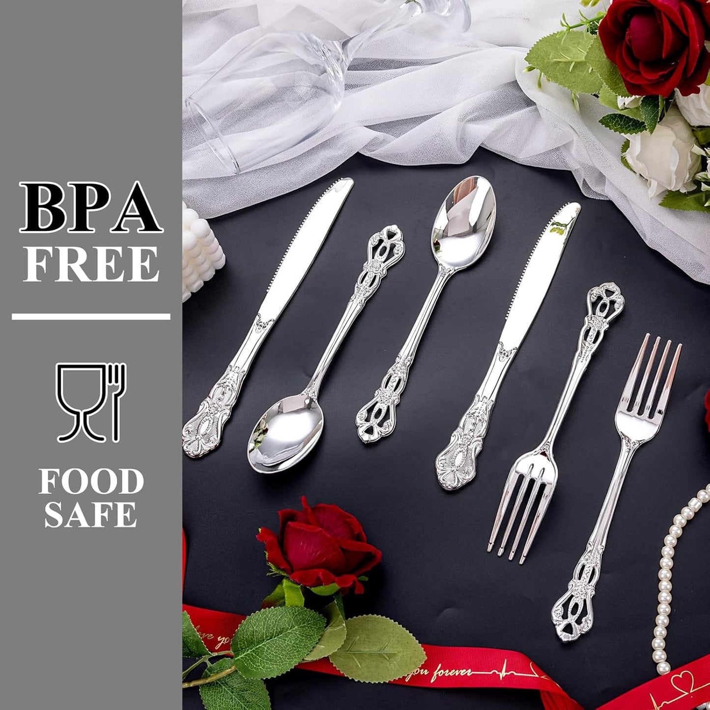 40PSC Silver Plastic Cutlery - Vintage Silver Disposable Silverware - Heavyweight Plastic Utensils with 20 Forks, 10Knives, 10 Spoons For Catering, Parties, Dinners and Weddings