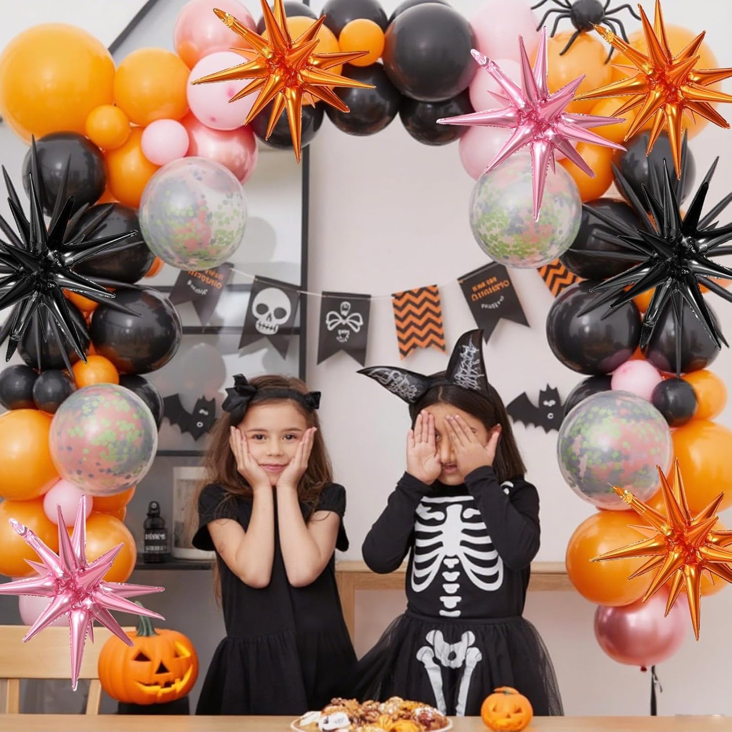 Black Orange Pink Star Balloons,9Pcs 22Inch Orange Pink Black Explosion Spike Cone Helium Polyester Film Star Foil Balloons for Halloween Birthday Anniversary Baby Shower Party Decorations