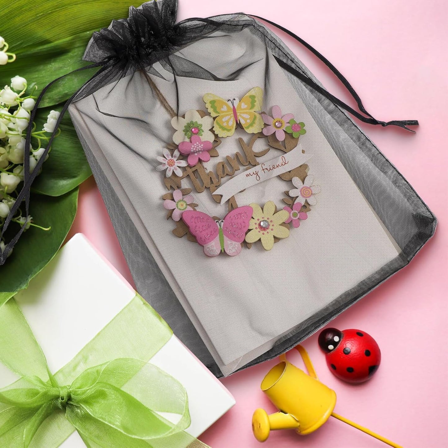 ANZNKU 100 Pack Premium Sheer Organza Bags 6x9 inches Mesh Gift Bags Drawstring for Halloween, Wedding, Festival, Makeup, Party Favor(Black)