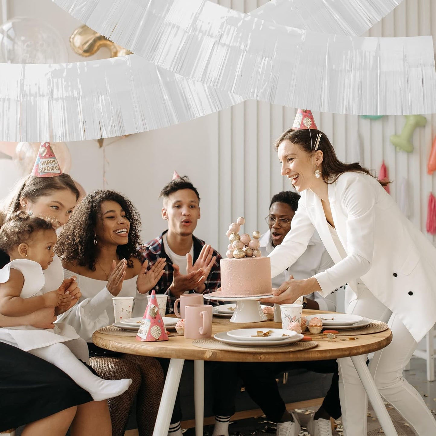 4 Pack Iridescent Float Fringe Curtains, Metallic Foil Fringe Garland Shiny Tassel Foil Parade Float Decorations for Trailer Car Graduation Homecoming Outdoor Indoor Party (White)