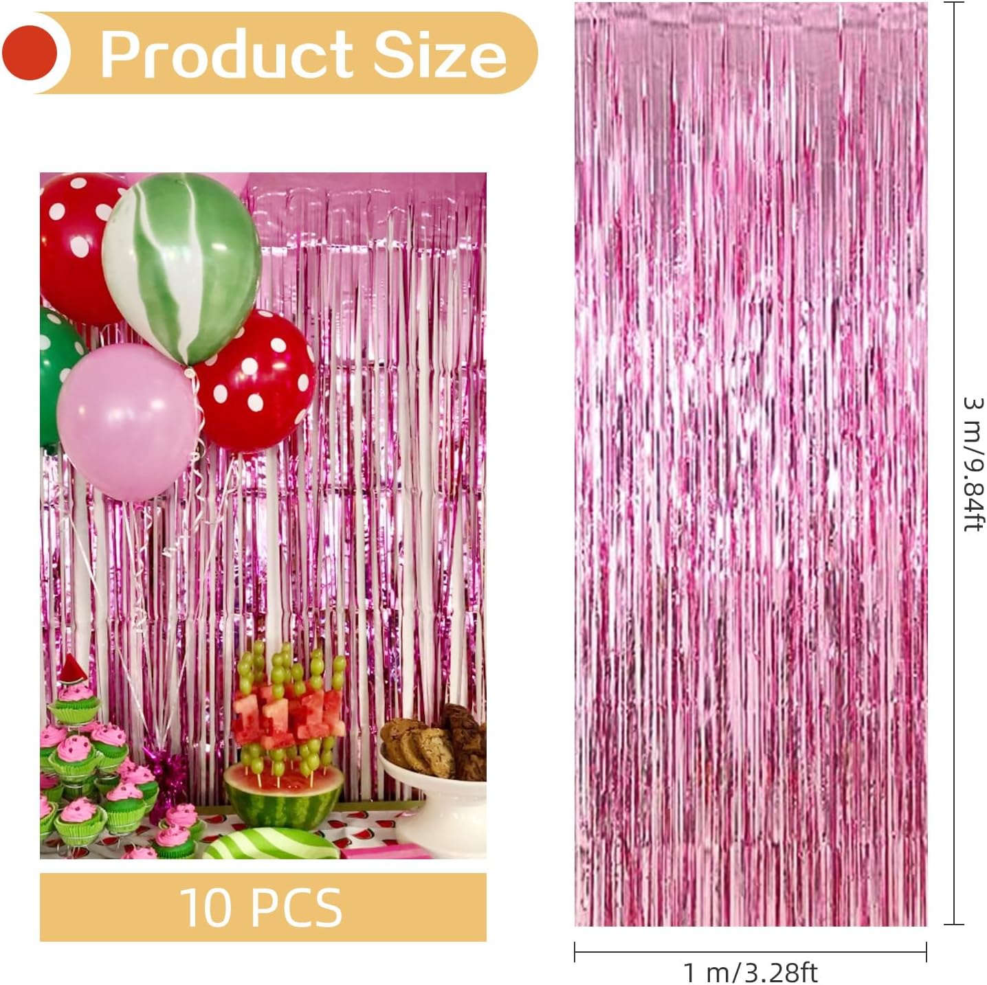 10 Pack Pink Foil Curtain Backdrop 3.2ft x 9.8ft Metallic Tinsel Foil Fringe Curtains Streamer Photo Booth Backdrop for Birthday Party Engagement Bachelorette Party Decorations (Pink)